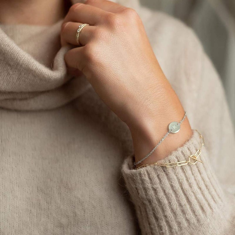 Glimmerst Stainless Steel Initial Bracelet Delicate Coin Letter A Bracelet Dainty Small Disc Name Bracelet Personalized Monogram Charm Bracelet for Women - Image 4
